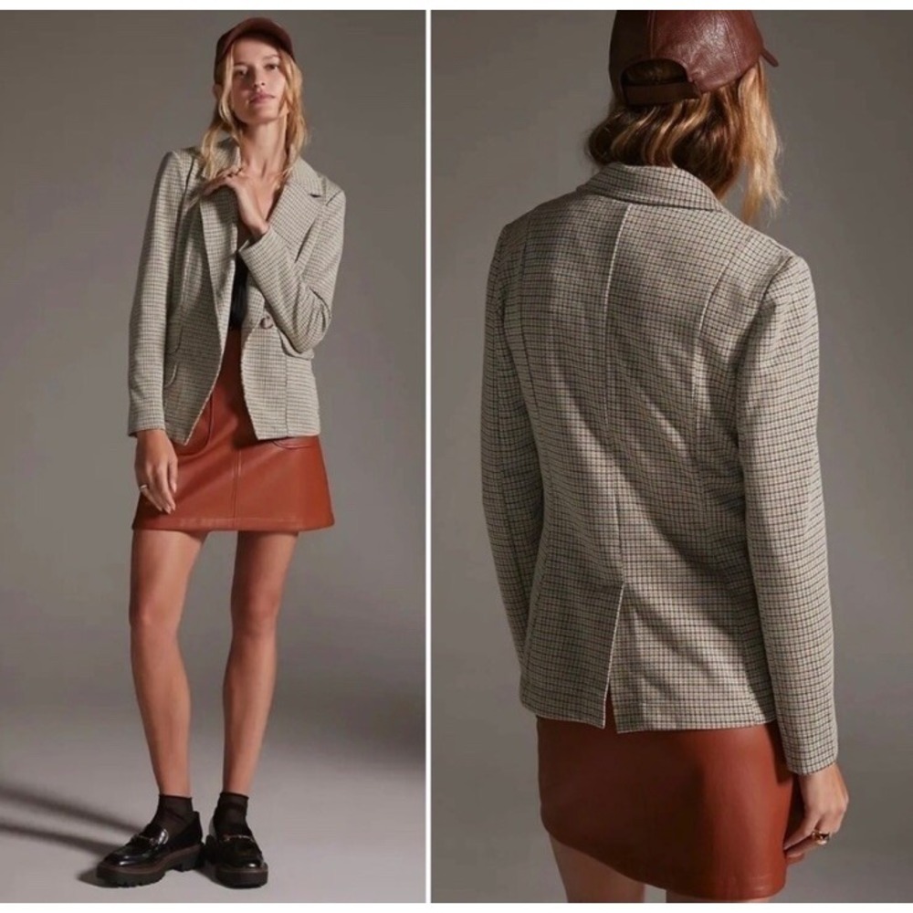 Anthropologie Maeve Collegiate Blazer Women's Large Tan‎ Plaid Knit Asymmetrical